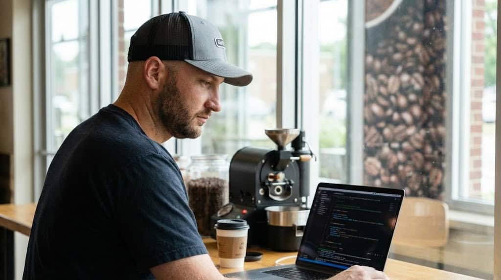 From Coffee Roaster to Web Developer: My Journey to Building Conversion-Focused Websites 1 A man working on a laptop with coding and coffee in a modern cafe, representing digital marketing and web development services by Wapiti Digital.