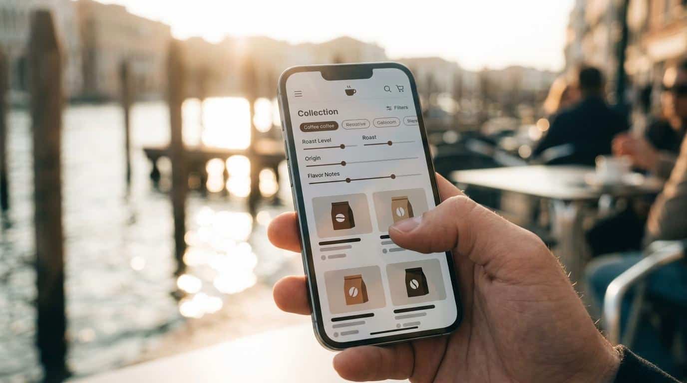 Mobile app interface for coffee products showcasing eCommerce themes and UX patterns for coffee roasters.