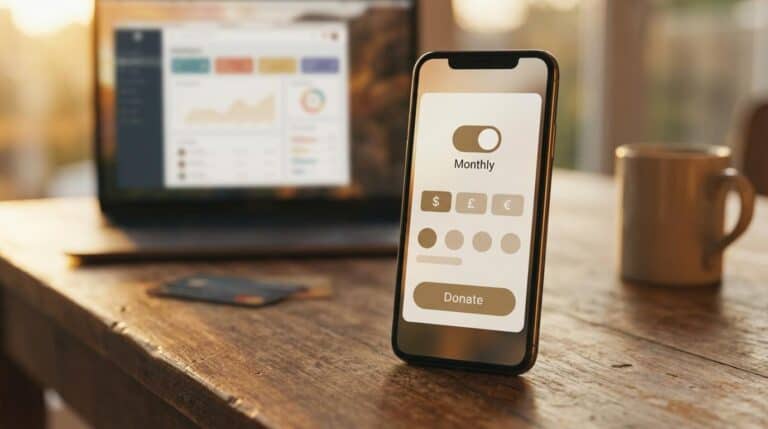 Donation Platform Comparison: WordPress + GiveWP vs. SaaS Tools 4 Mobile donation app interface showing monthly donation toggle and donate button, with a laptop displaying analytics in the background.