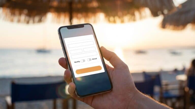 Mobile device displaying a membership sign-up form at sunset on a beach, highlighting online registration features for membership websites.