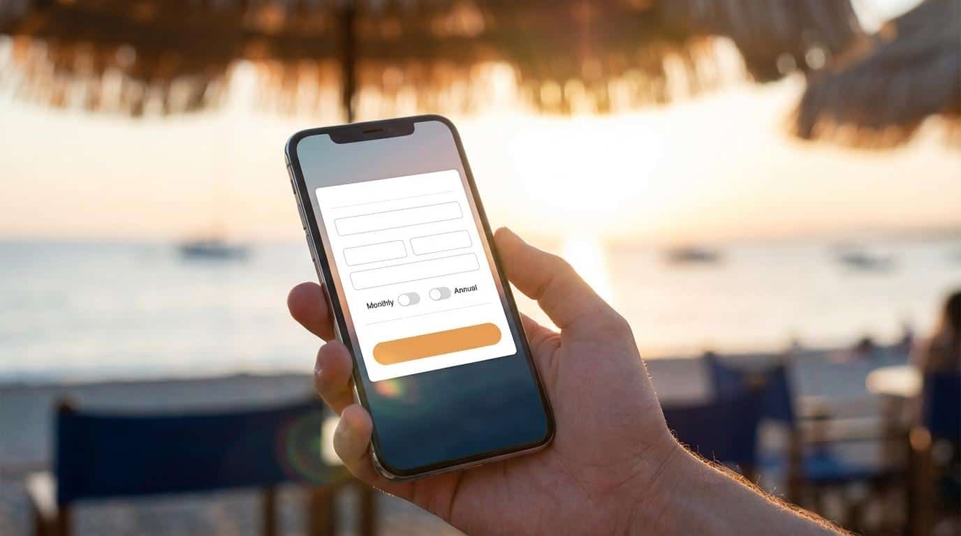 Mobile device displaying a membership sign-up form at sunset on a beach, highlighting online registration features for membership websites.