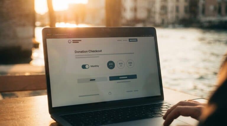 Nonprofit Donation Funnels That Scale: From One‑Time Gifts to Recurring Giving 3 Digital donation checkout page on a laptop screen, showcasing recurring and one-time giving options for nonprofit fundraising campaigns.
