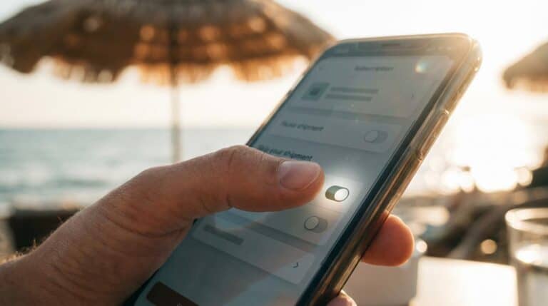 Building Profitable Subscription Programs: Pricing Models, Churn Levers, and UX 5 Close-up of a person managing subscription settings on a smartphone at a beachside location, illustrating digital subscription management and UX design for profitable subscription programs.