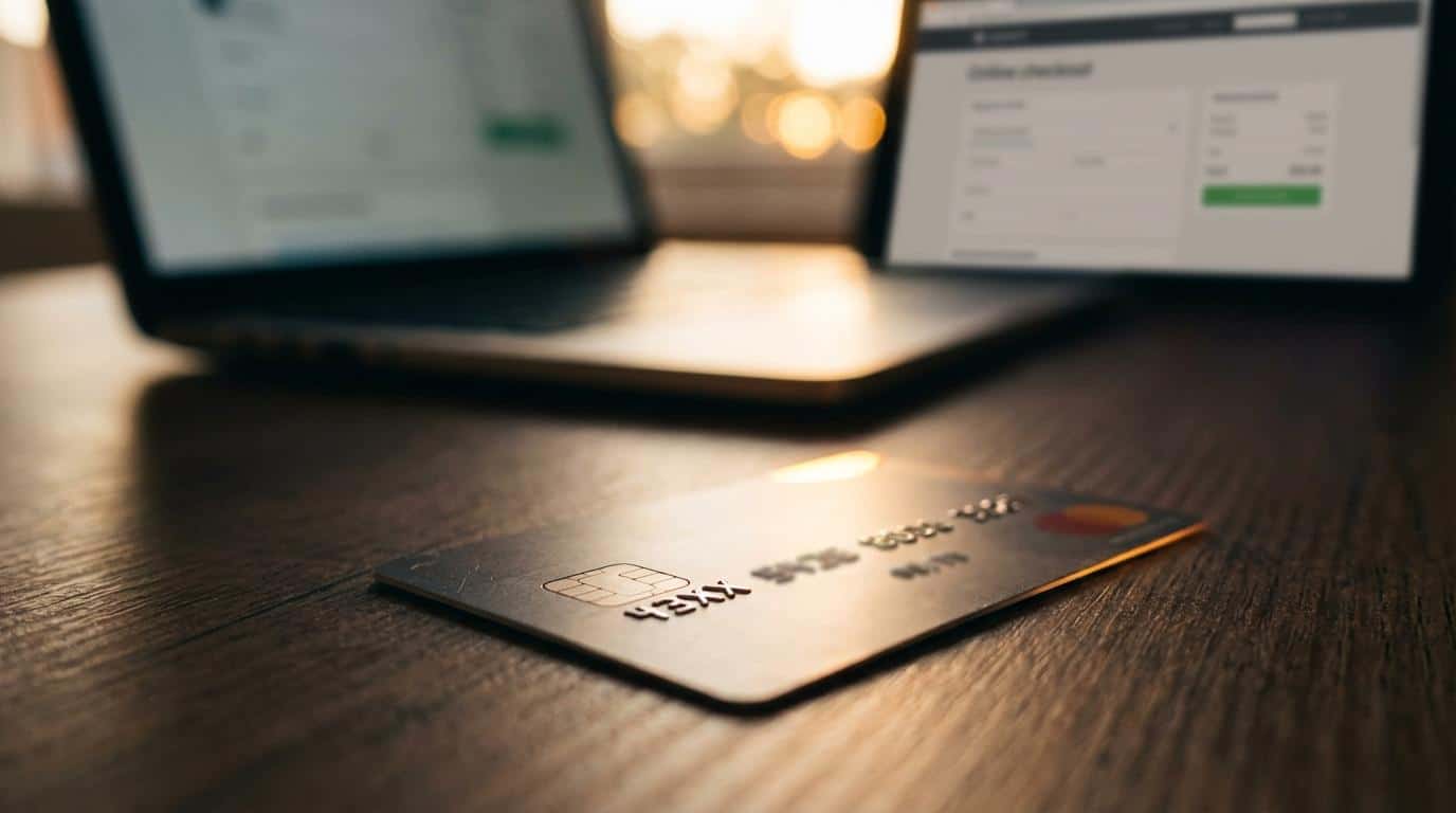 Close-up of a credit card and laptop screens displaying eCommerce platform dashboards, highlighting WooCommerce and Shopify subscription management features.