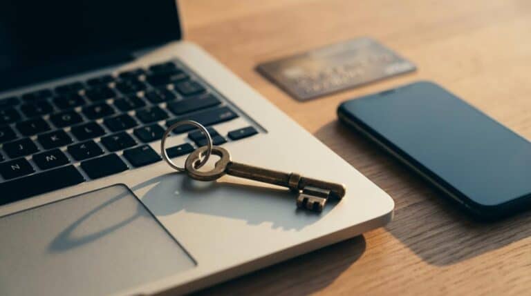 LMS on WordPress vs. Hosted Course Platforms: Ownership, Costs, and Control 2 Key on laptop keyboard representing access and ownership of LMS on WordPress versus hosted platforms.