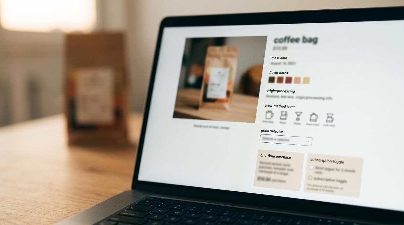 Digital interface showcasing coffee bag customization options for eCommerce, including roast level, flavor notes, and subscription toggle, ideal for coffee shop online sales.