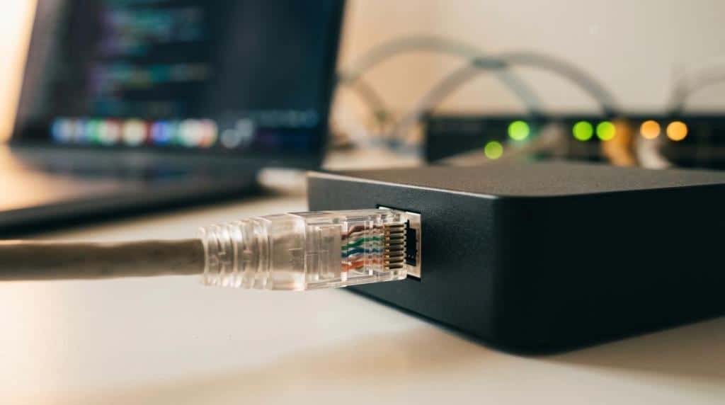 An Ethernet cable connected to a server device, illustrating the setup of GA4 and server-side tracking for eCommerce analytics.
