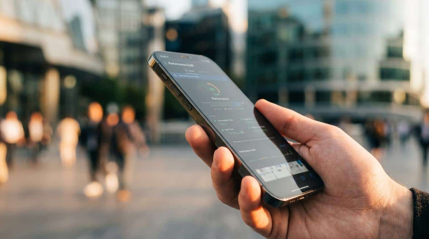 Mobile device displaying analytics or SEO data on screen, highlighting digital marketing and SEO strategies for B2B websites.