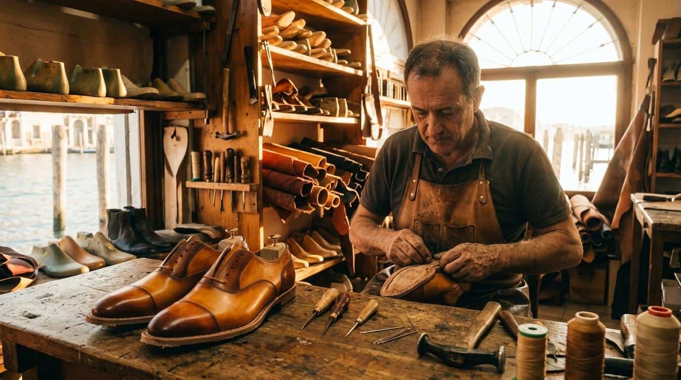 An experienced shoemaker working on high-quality leather shoes in a traditional workshop setting, emphasizing craftsmanship and attention to detail.