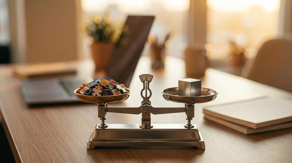 A balanced scale placed on a wooden desk with office items, including a laptop, notebooks, and a cup, in a bright, sunlit office environment. Perfect for illustrating work-life balance and productivit.