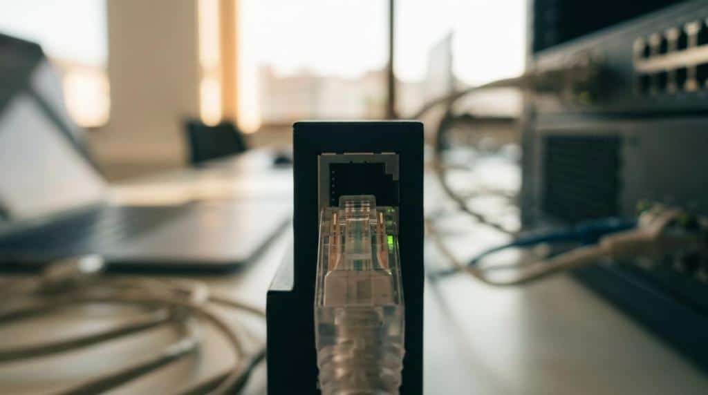 Close-up of an Ethernet cable connected to a network port, symbolizing seamless digital integrations for ERP, CRM, and subscription billing systems.