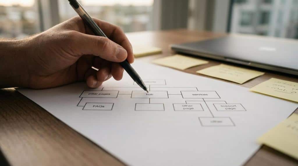 Business professional creating a strategic plan with flowchart and notes on a wooden desk, representing digital marketing and business strategy development.