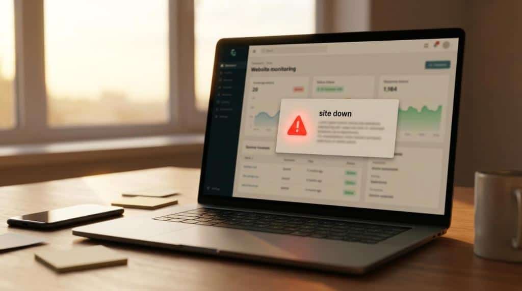 Laptop displaying website monitoring dashboard with a site down alert, highlighting ongoing website support and maintenance services offered by Wapiti Digital.