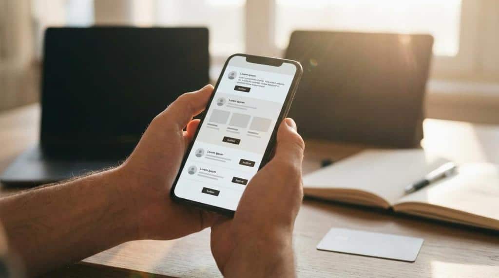 Person holding smartphone displaying a website layout, with a blurred office background, emphasizing mobile-friendly web design and SEO services.