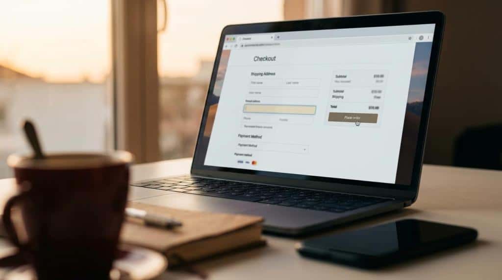 Laptop displaying an online checkout page with billing and payment details, set on a desk near a window with a sunset view.