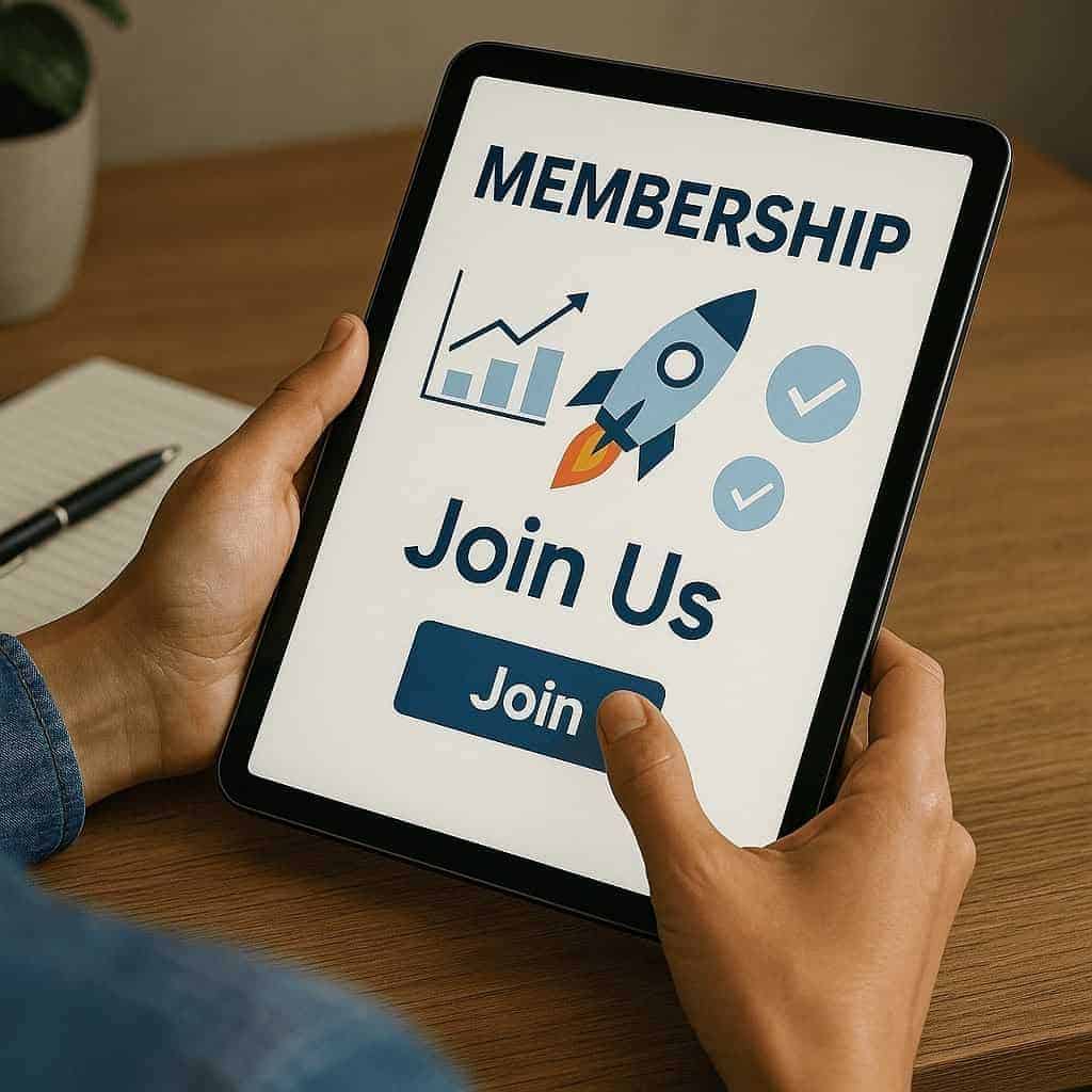 Tablet screen displaying a membership invitation with a rocket icon, charts, and a 'Join' button for Wapiti Digital services.