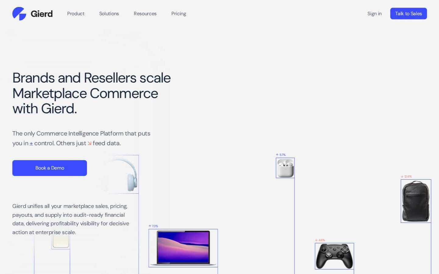 Gierd platform dashboard showing marketplace commerce data with various device icons and analytics graphs.
