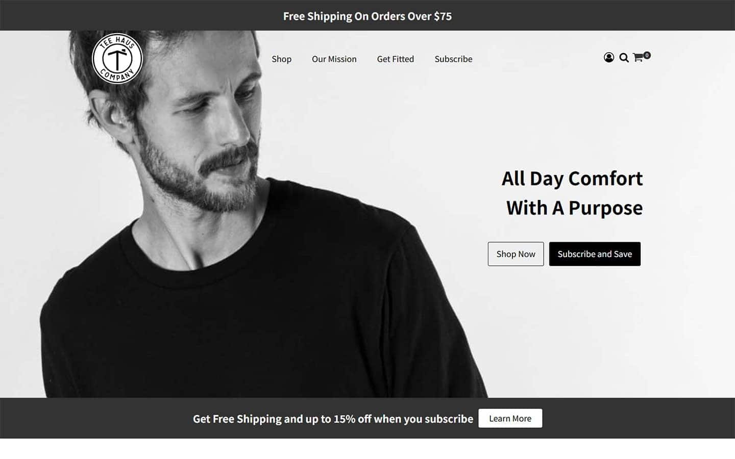 Black and white image of a man with a beard wearing a black t-shirt, representing Wapiti Digital's stylish men's fashion collection.