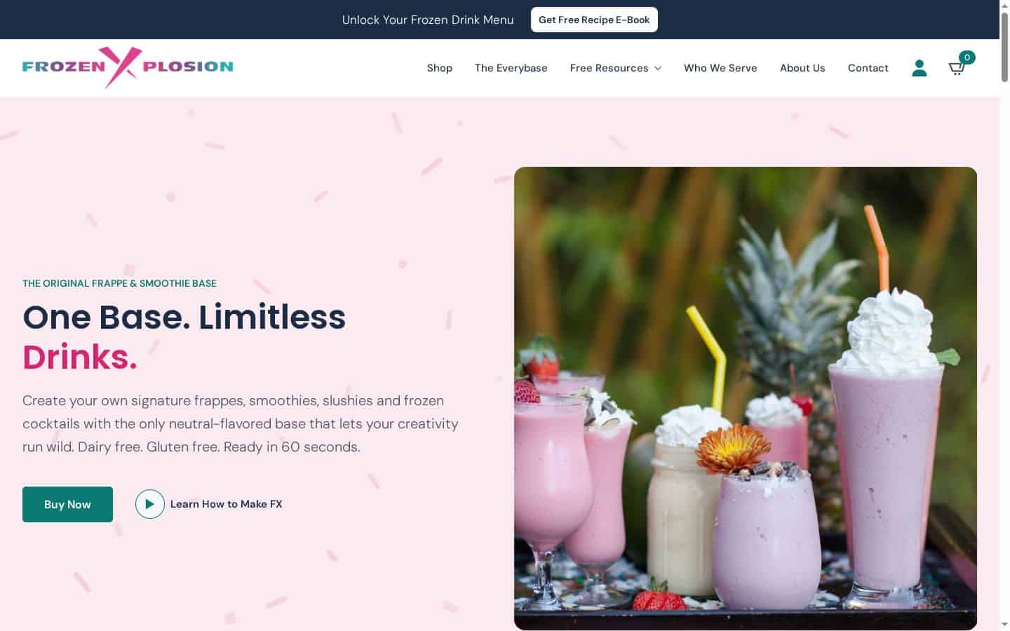 Colorful frozen drinks in various glasses with straws, garnished with fruit and flowers, on a website homepage for Frozen Xplosion.