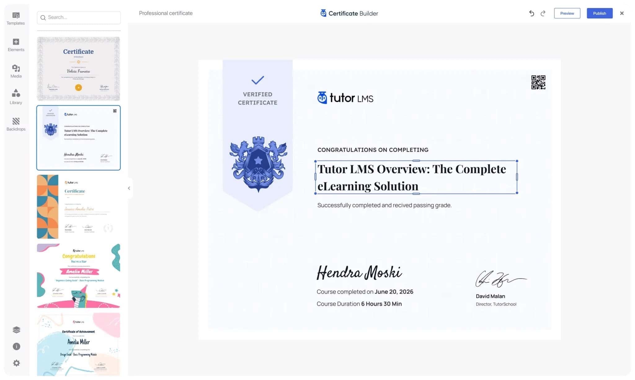 Tutor LMS verified certificate builder, Learning Management System development by Wapiti Digital