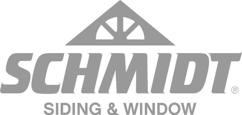 Schmidt Siding & Window logo featuring a stylized window and roof design in gray.