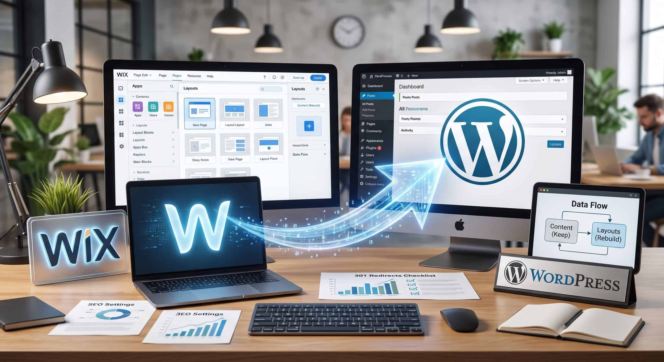 Wix to WordPress migration process shown on multiple screens with data transfer graphics and website management tools.