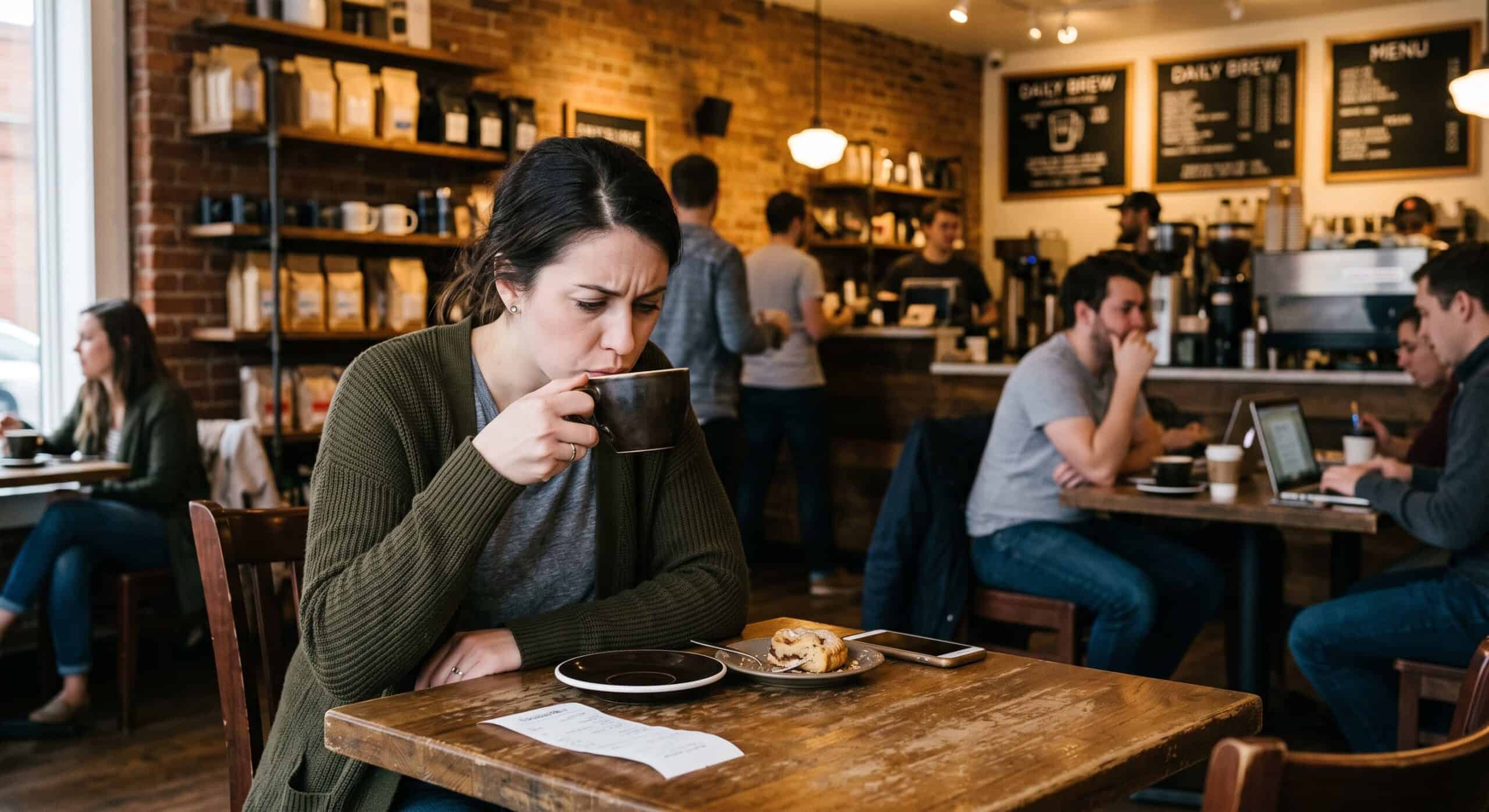 Woman drinking coffee alone in a busy coffee shop, focused on her drink with a pastry on the table.
