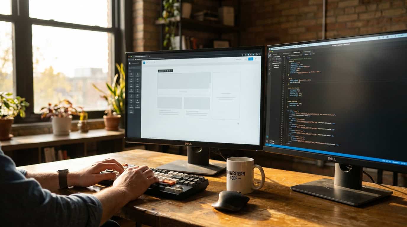 A web developer working on a computer with two monitors displaying website design and coding, in a bright, cozy office setting with plants and natural light.