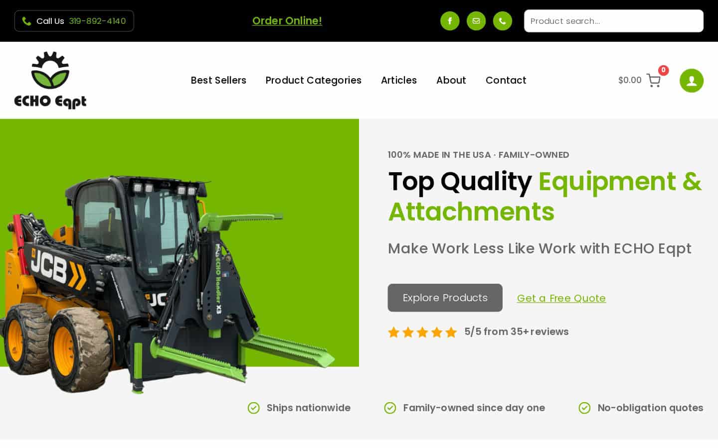 ECHO Eqpt homepage showing a JCB skid steer fitted with a green ECHO attachment — the eCommerce website Wapiti Digital built for the Sumner, Iowa equipment manufacturer.