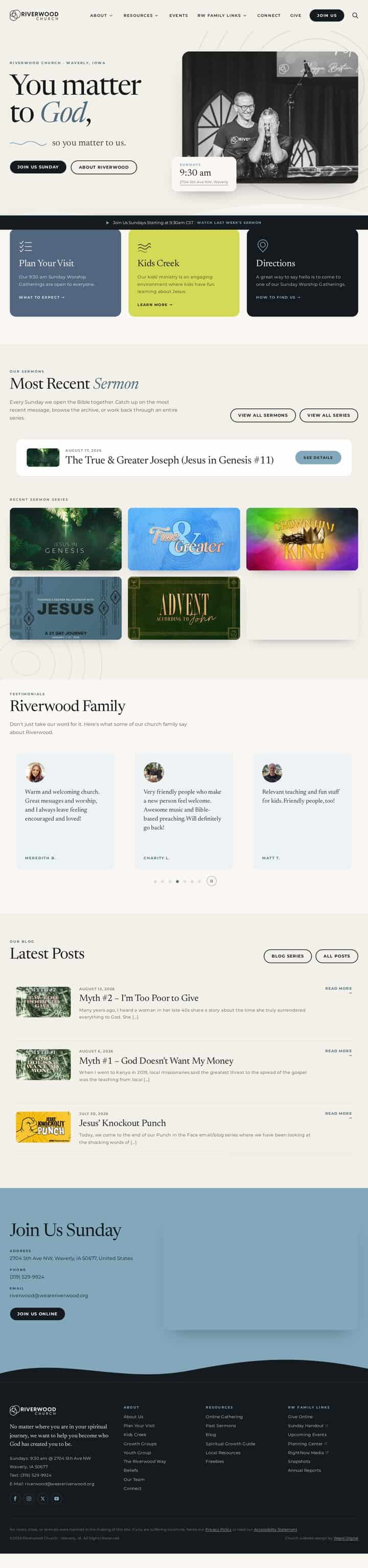 Full-page view of the relaunched Riverwood Church homepage, showing service times, sermons, and ministries.