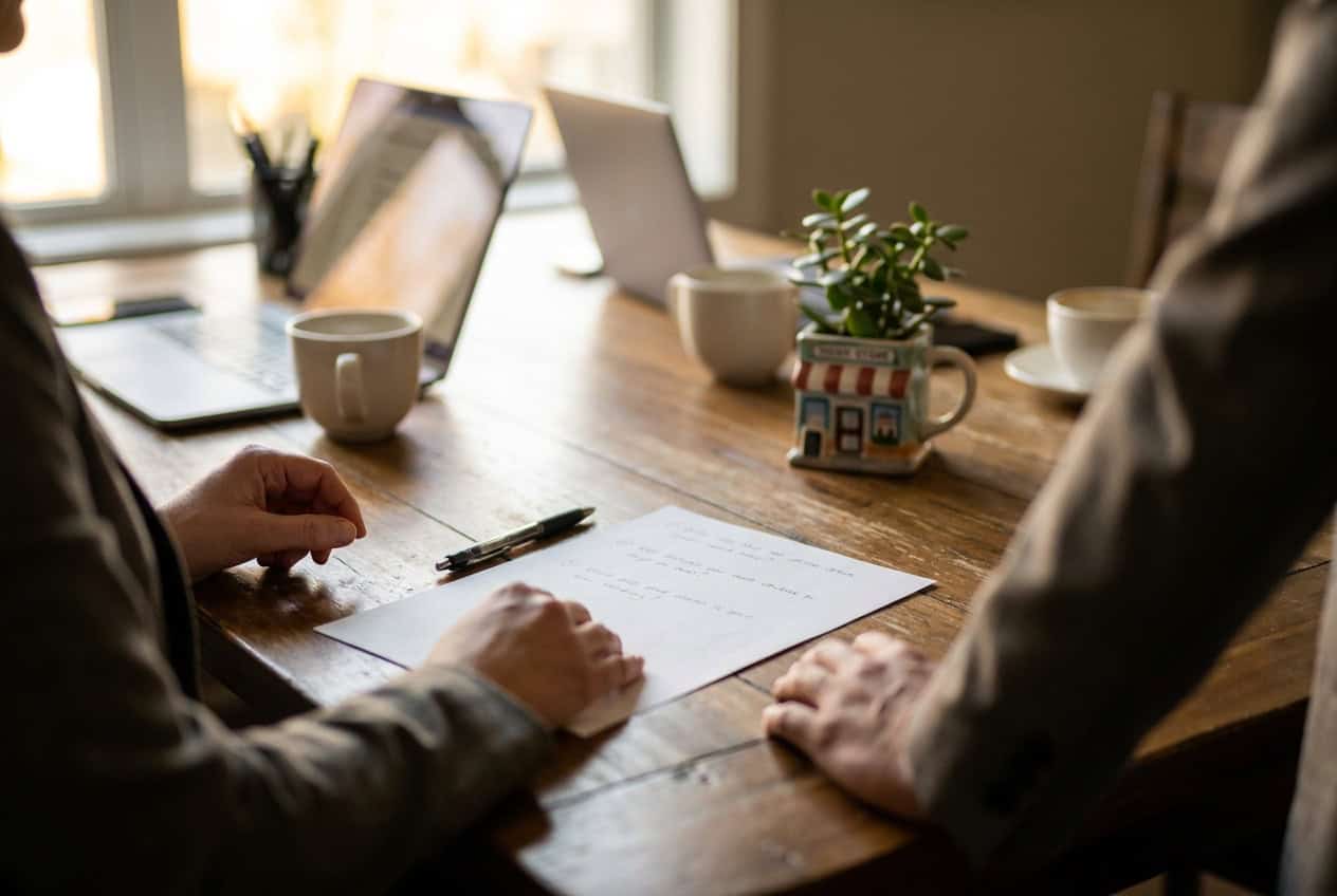 Why We Build With Developer-Focused Page Builders (and Skip the Rest) 2 Two people at a wooden table reviewing a handwritten list of three questions before a web project