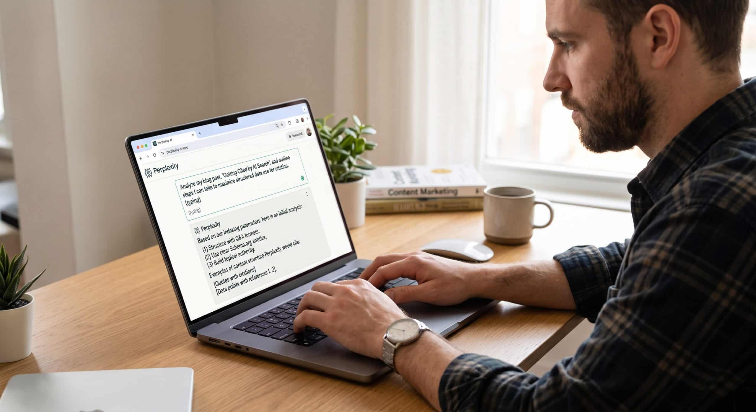 Man working on a laptop with search engine results on the screen, related to AI search citation strategies.