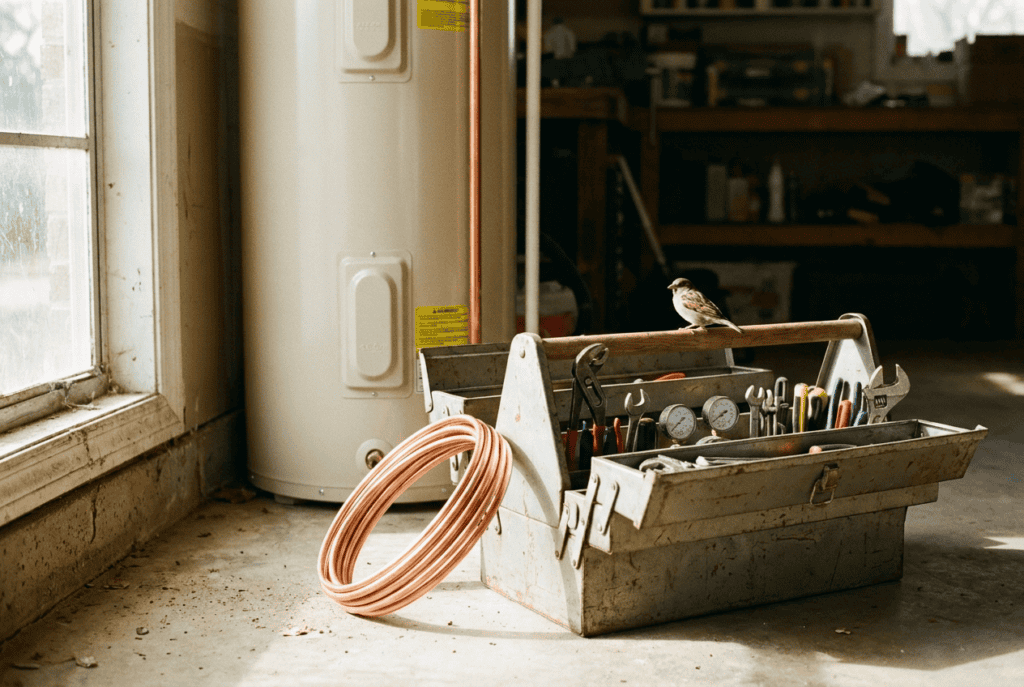 An open metal toolbox on a garage floor beside a newly installed water heater, with a coil of copper tubing and a sparrow perched on the toolbox handle