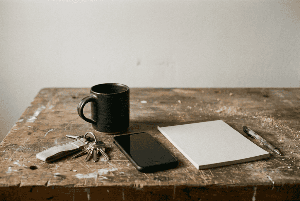 A scratched wooden workshop desk holding a dark coffee mug, a set of van keys, a face-down phone and a blank notepad in soft window light