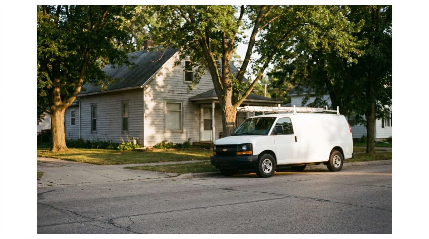 White delivery van parked on the street in front of a residential house with trees and a driveway.