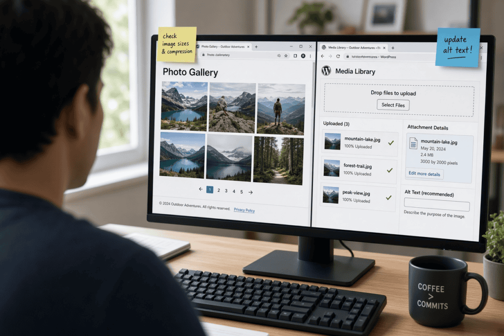 Your Squarespace Export Leaves Most of the Site Behind 2 A website photo gallery page open next to the WordPress media library, with images being uploaded and alt text added during a rebuild.