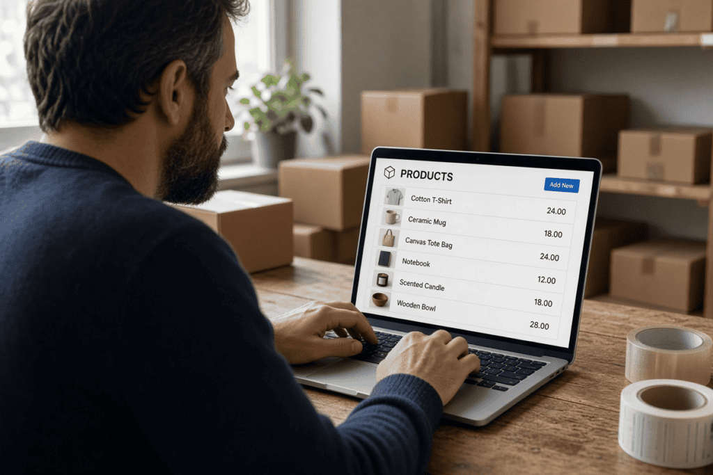 Your Squarespace Export Leaves Most of the Site Behind 1 A small business owner reviewing an online store products admin page on a laptop, surrounded by shipping boxes and packing tape.