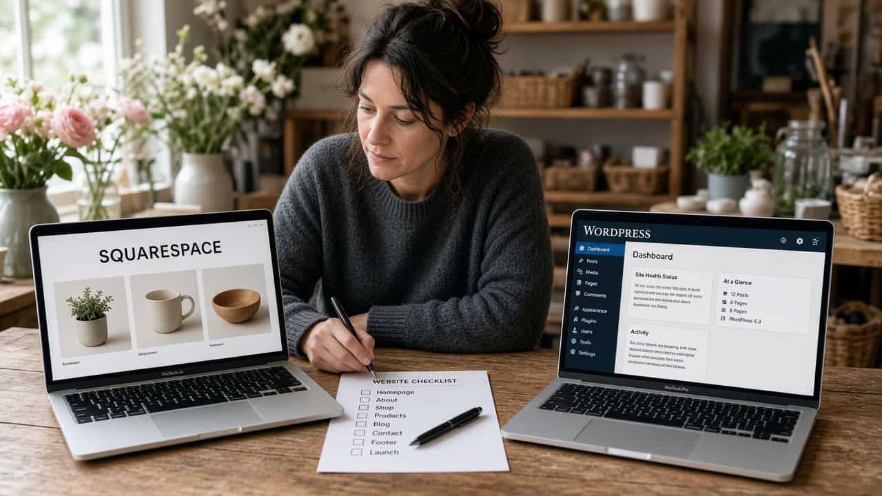Woman comparing Squarespace and WordPress interfaces on laptops for migration analysis.