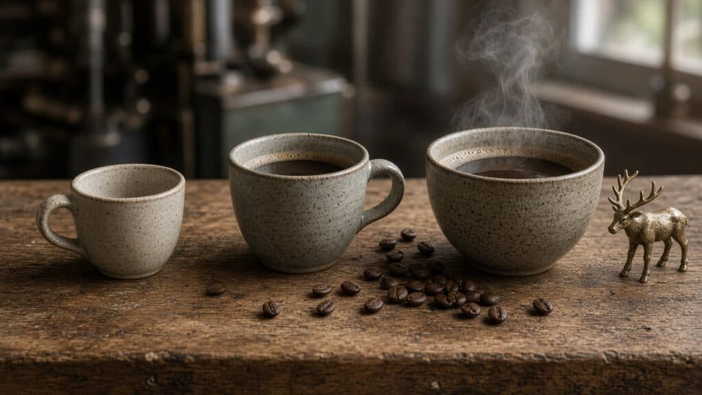 Three ceramic coffee cups of increasing size on a wooden roastery counter, one empty, one half full, one full and steaming, with a small brass elk figurine beside them