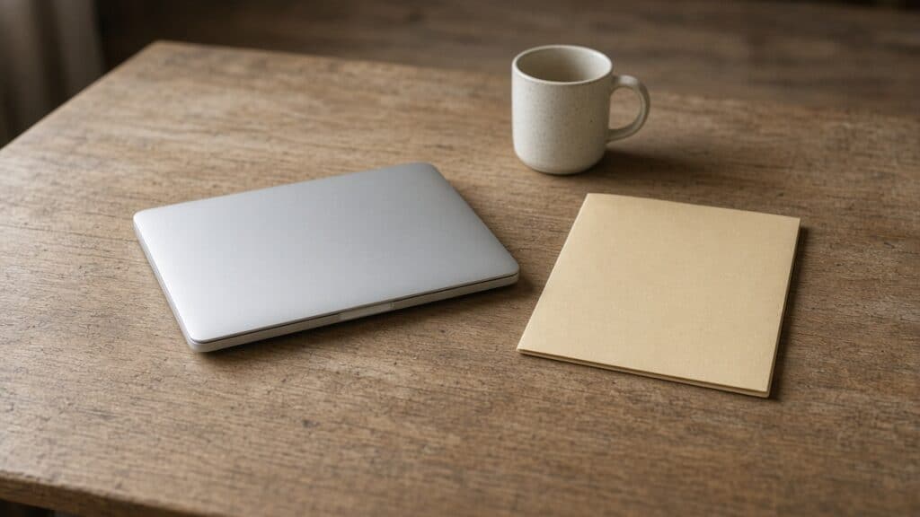A closed laptop and a plain manila folder squared up on an otherwise empty wooden desk beside an empty coffee mug