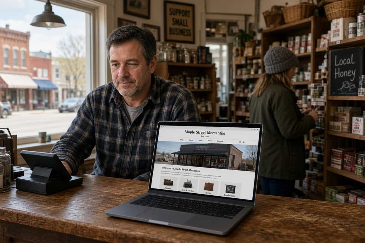 A Midwest Small Business Owner on Finally Going Online 2 A Midwest small business owner at her kitchen table with a laptop and a folder of printed photos, a website builder open on screen, warm kitchen light