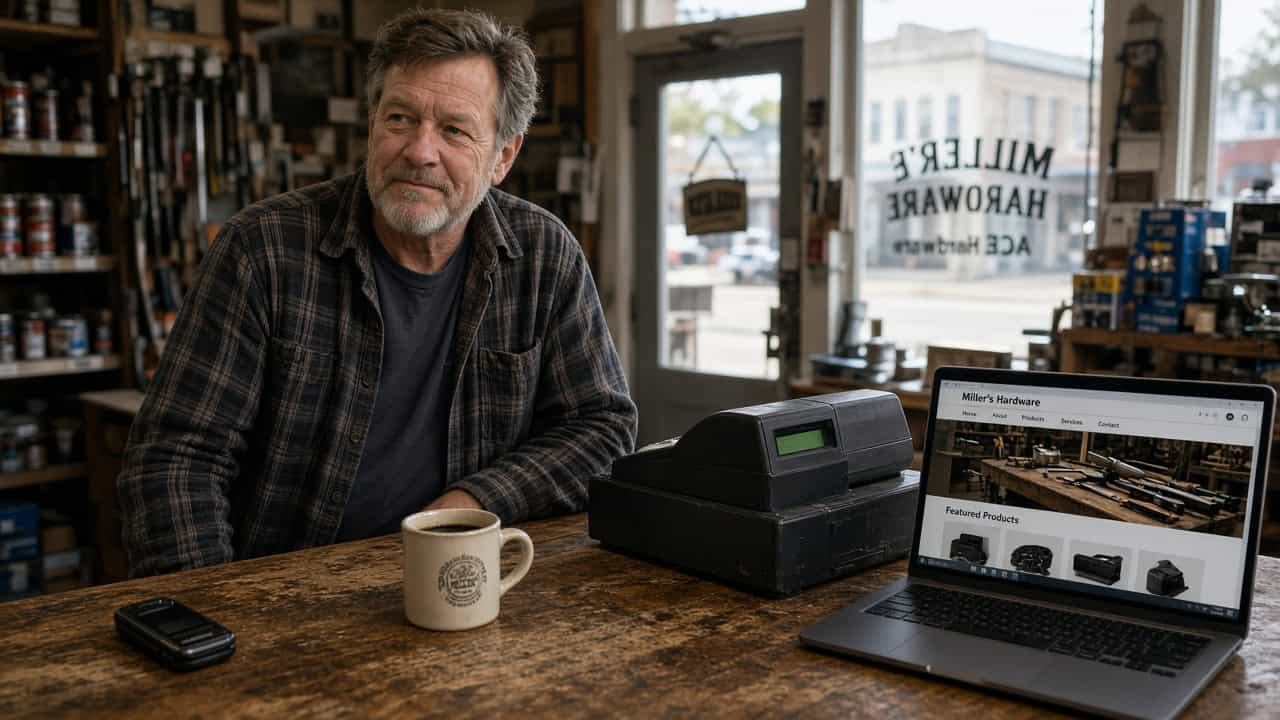 A mature man with a beard and plaid shirt sitting at a store counter with a laptop displaying Wapiti Digital website, a coffee mug, and a cash register.
