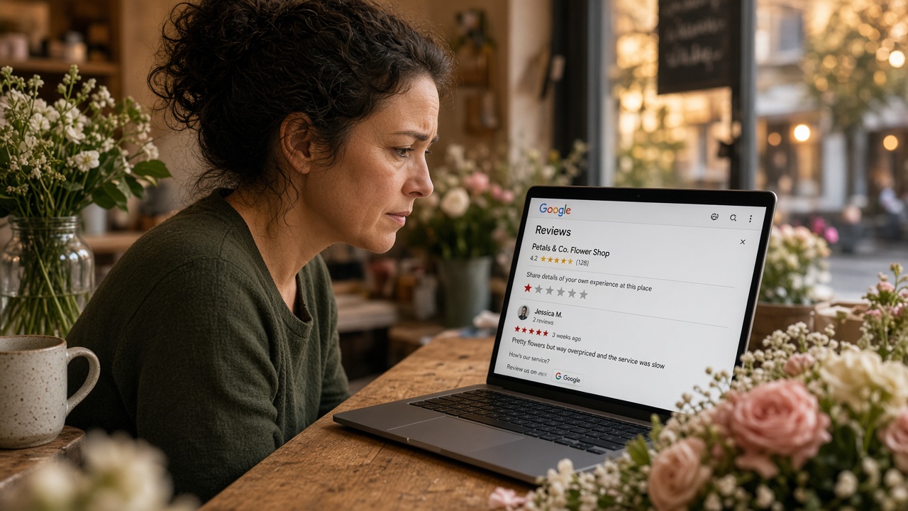 A flower shop owner looking worried while reading a one-star Google review on her laptop at the shop counter