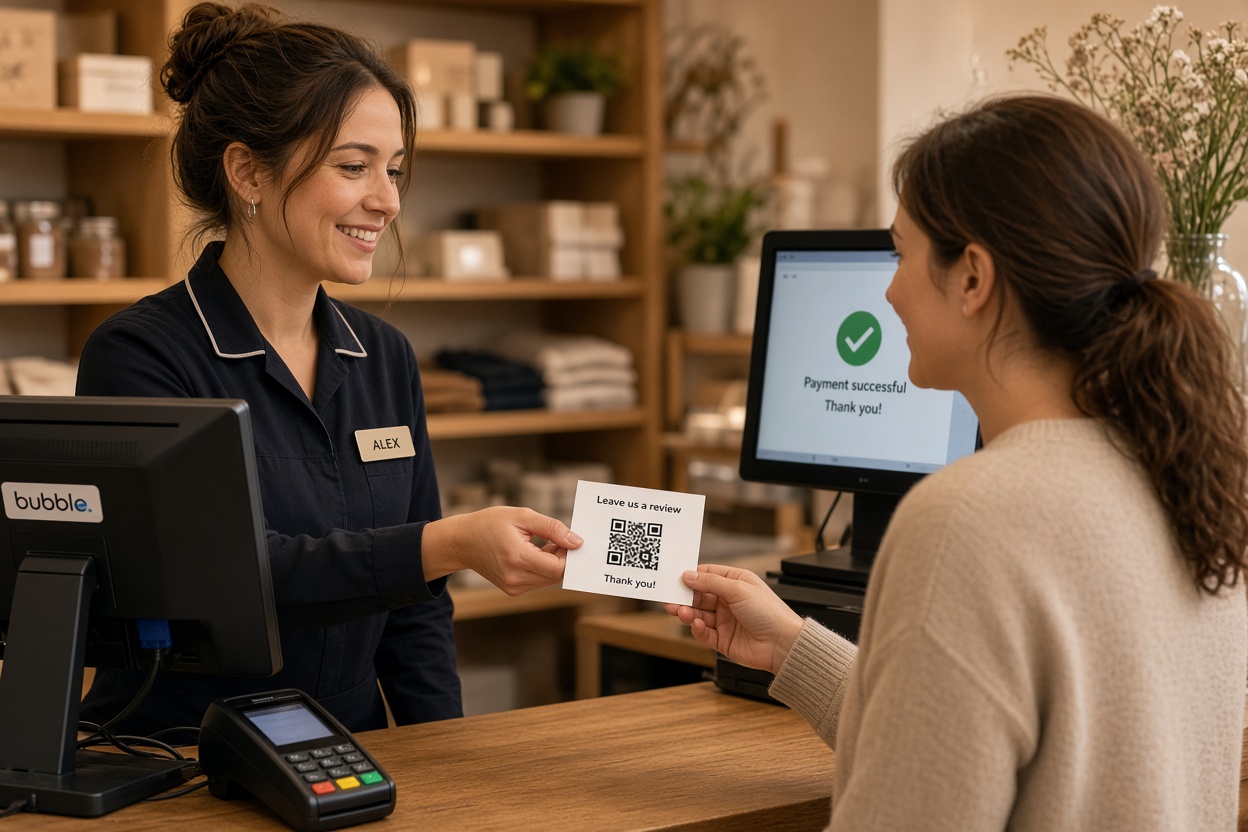 A Business Owner's Playbook for a Bad Review 2 A shop employee handing a customer a card with a QR code asking them to leave a review