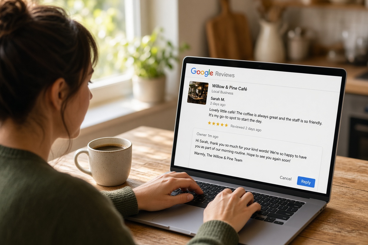 A Business Owner's Playbook for a Bad Review 1 A business owner typing a calm reply to a customer review on a laptop at a kitchen table