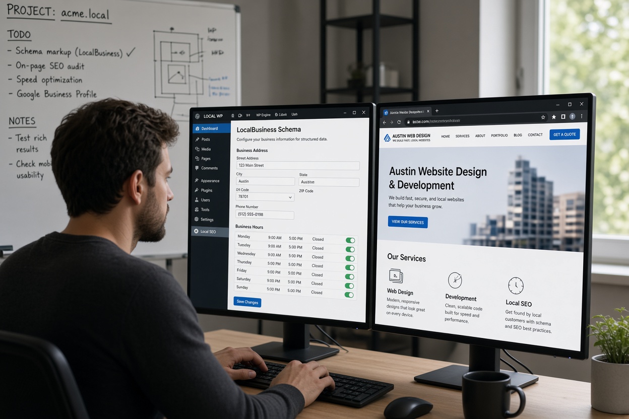 What Schema Markup Does (and What It Quietly Does Not) 1 A developer editing LocalBusiness schema settings in a WordPress dashboard