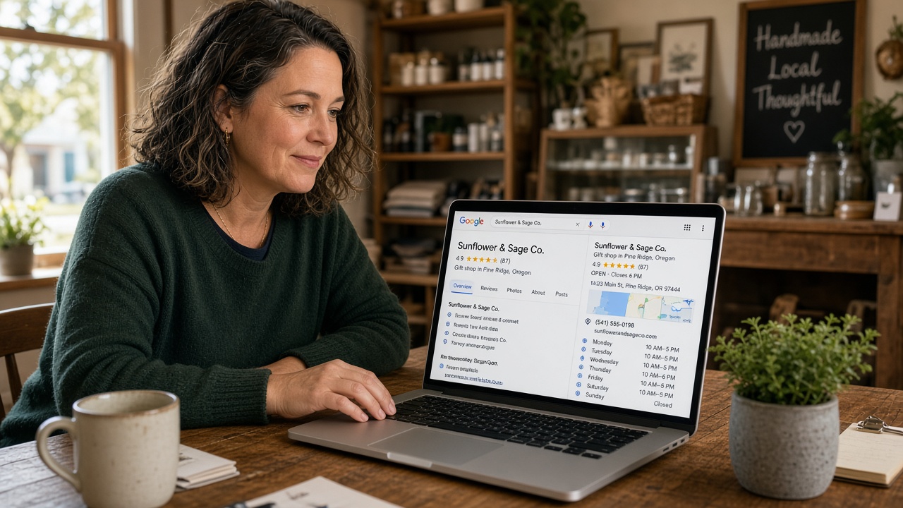 A small business owner viewing her Google business listing with star ratings on a laptop