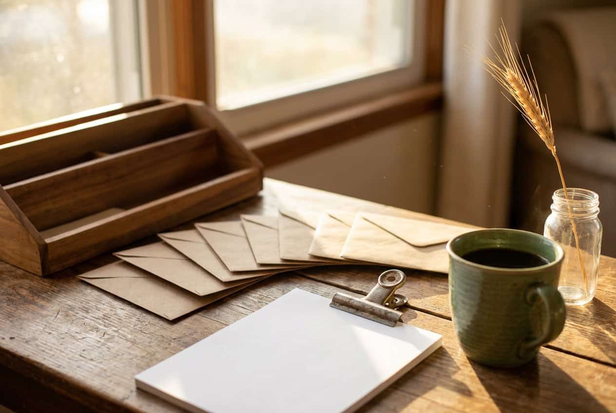 What a Professional Website Costs in the Midwest (Real Numbers) 2 A sunlit wooden desk with kraft envelopes fanned out, a blank notepad, a green mug of coffee and a sprig of dried wheat in a glass jar