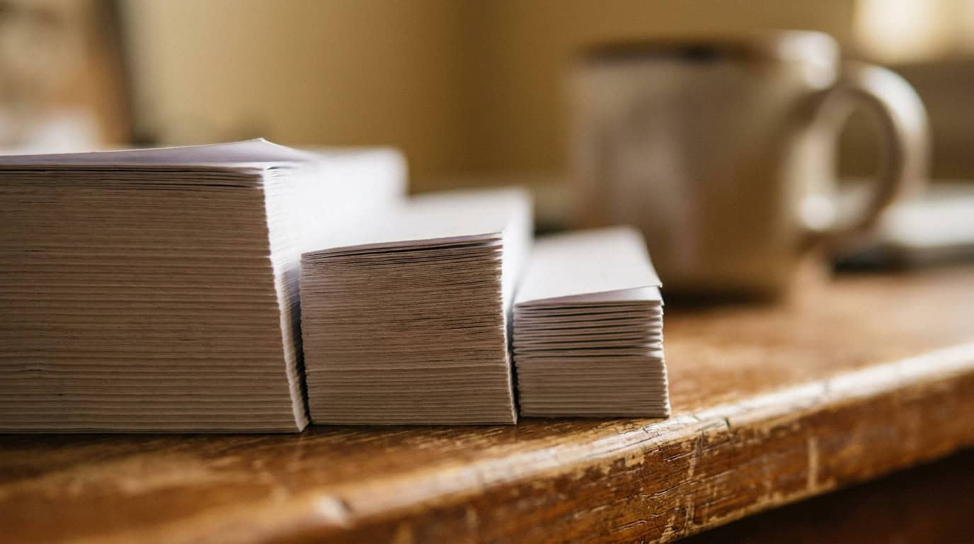 Close-up of stacked notebooks and a coffee mug on a wooden desk, symbolizing work and productivity.