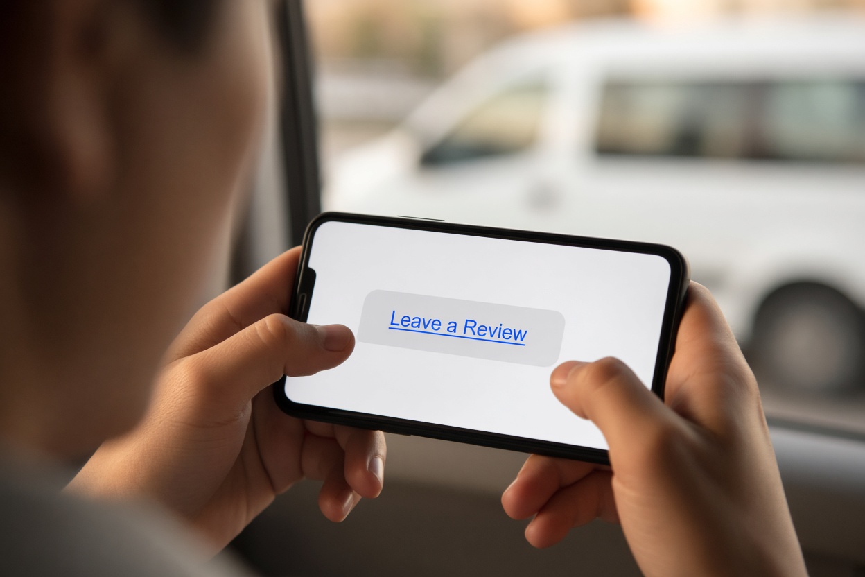 How to Get More Google Reviews Without Getting Banned 1 Close-up of hands holding a phone with a text message containing a Leave a Review link, work van blurred outside the window
